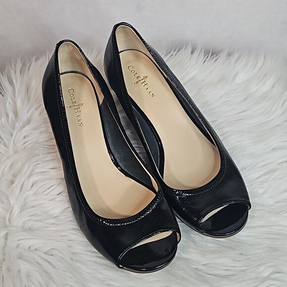 Cole Haan Nike Air Black Patent Leather Peeptoe Wedges - Picture 1 of 9